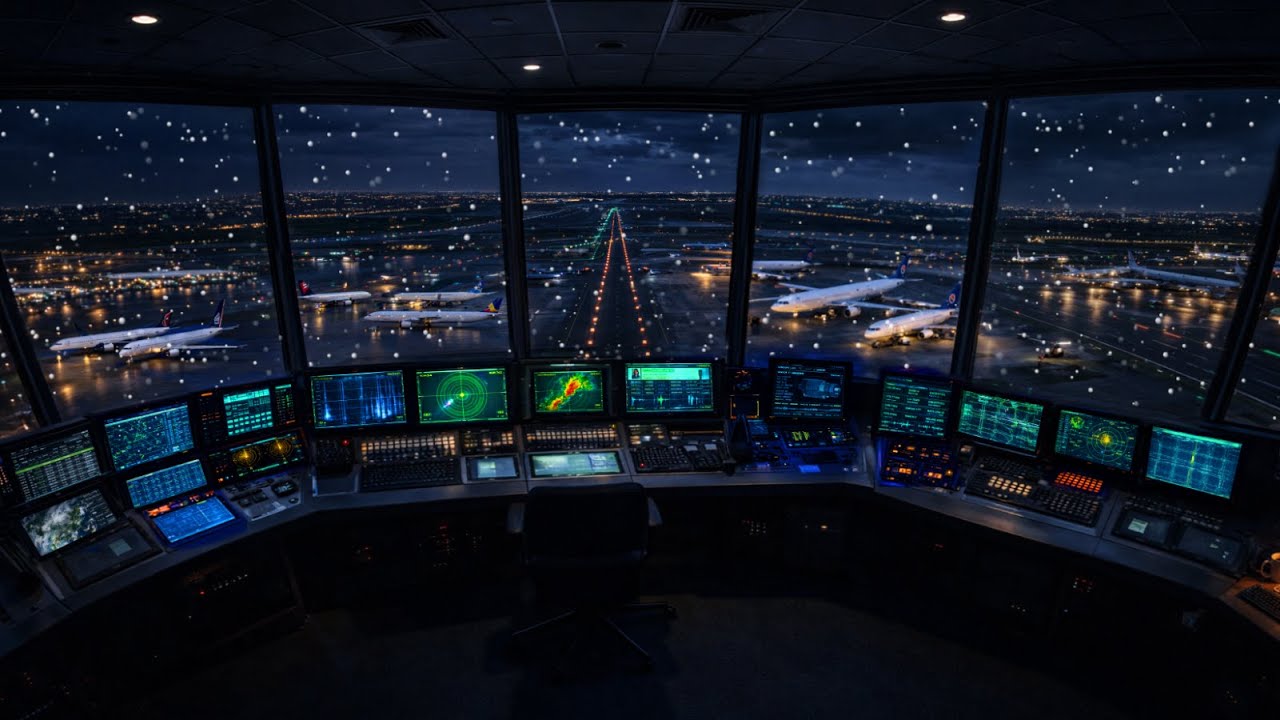 ❄️ Blizzard Winds In A Snowy Control Tower at Night