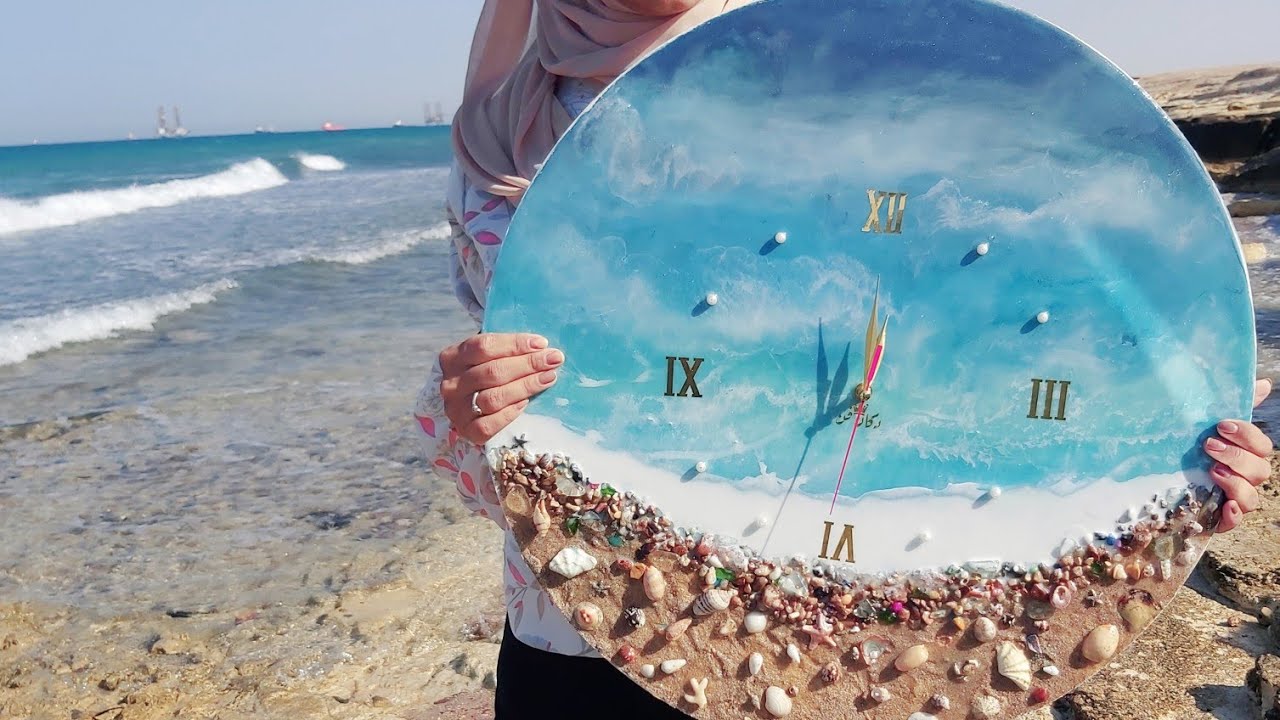 Resin beach clock 🕒 تعليم الريزن من الصفر للمبتدئين واكبر ساعه ريزن بتاثير موج البحر هاند ميد  😍