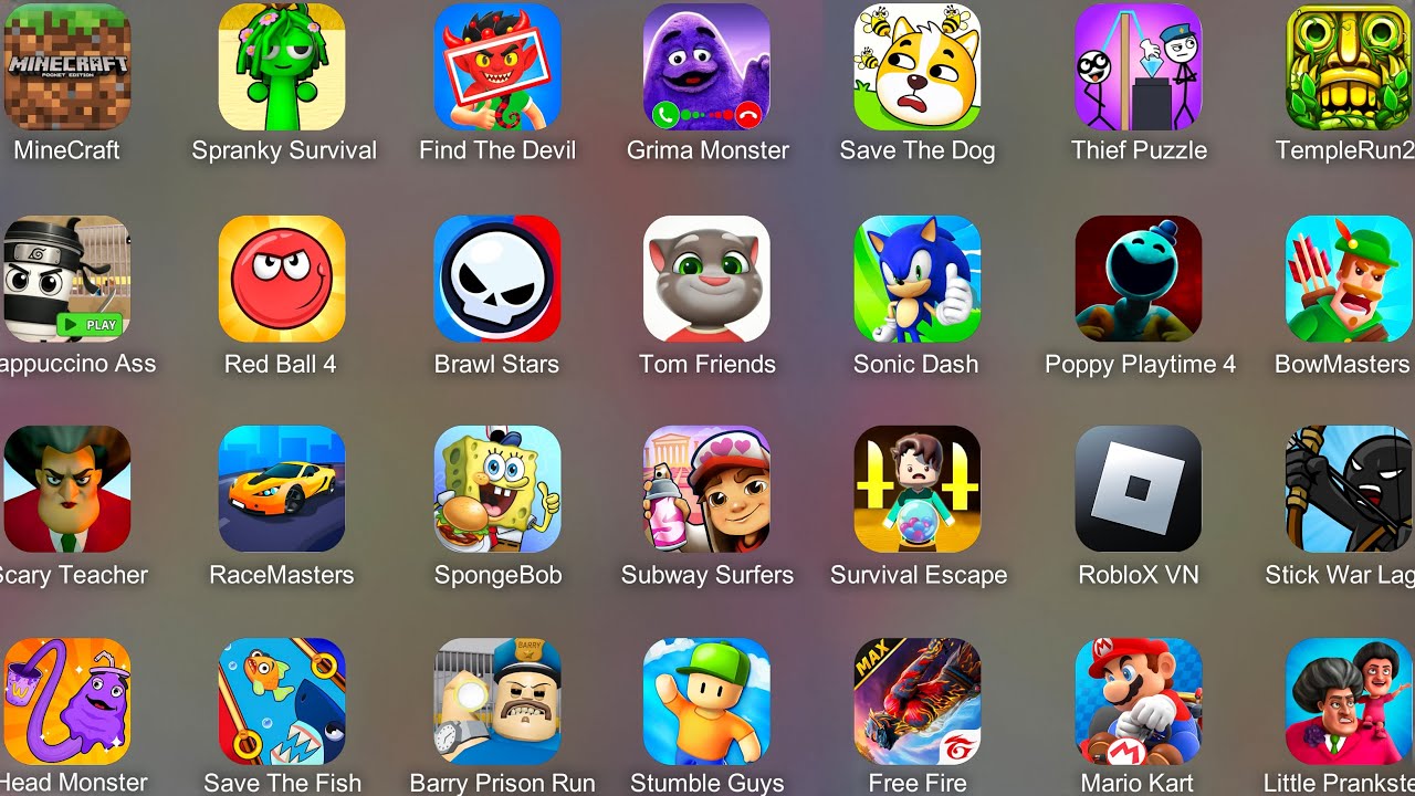 Save The Dog,Red Ball 4,Spongebob Krusty,Stumble Guys,Roblox,Bowmasters,Minecraft,Free Fire.........