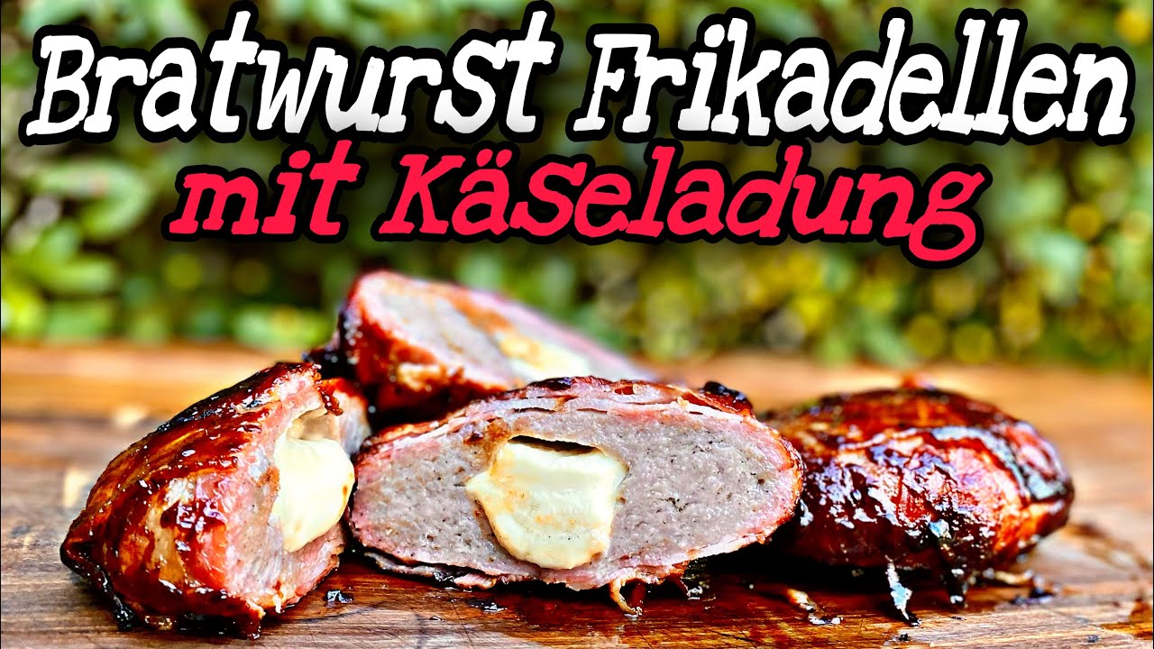 Gegrillte Bratwurst Käse Frikadellen im Baconmantel