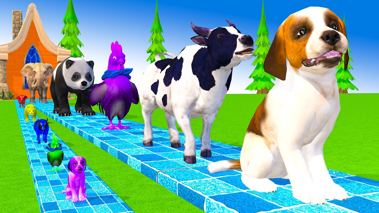 Long Slide Game With Cow Elephant Gorilla Hippopotamus Tiger - 3d Animal Game - Funny 3d Animals