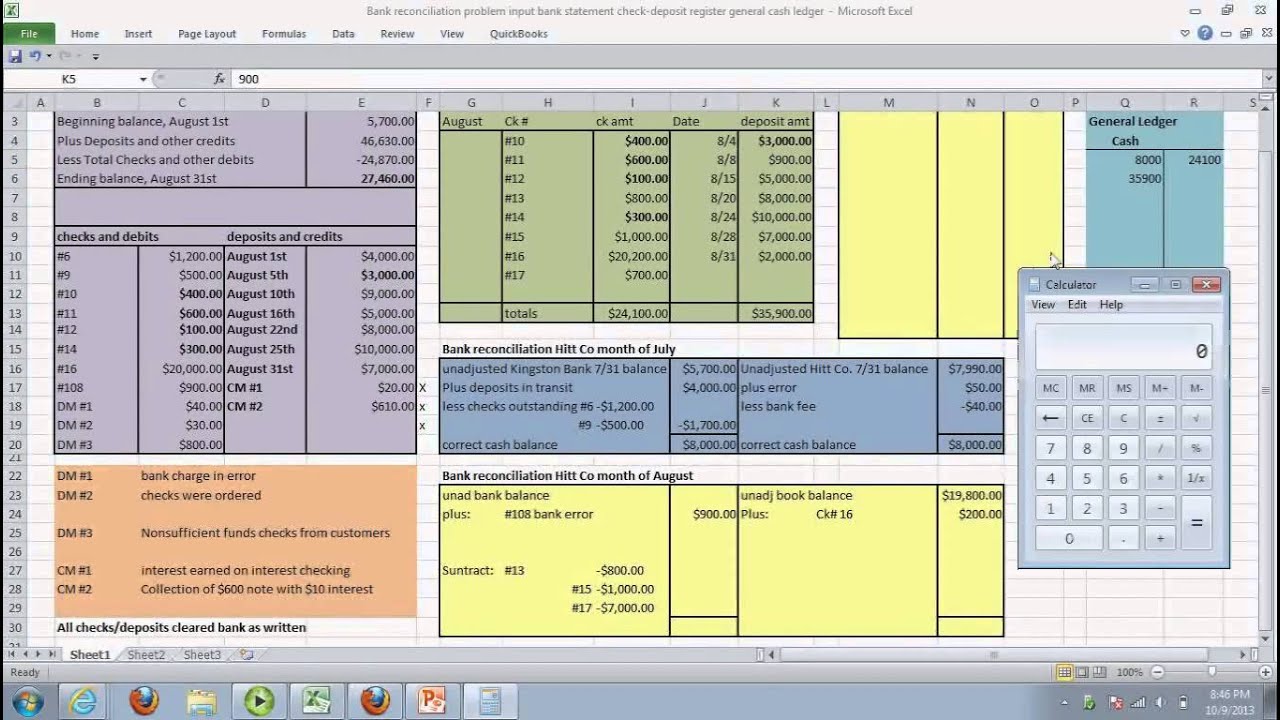 Bank reconciliation and journal entries and cash ledger default