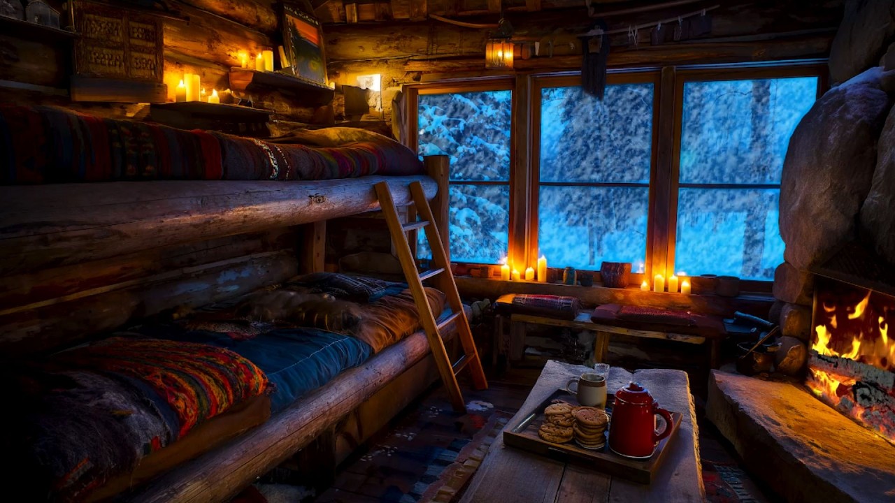 Snowstorm Night Cabin 🔥❄️ Blizzard Ambience & Fireplace Sounds for Deep Sleep