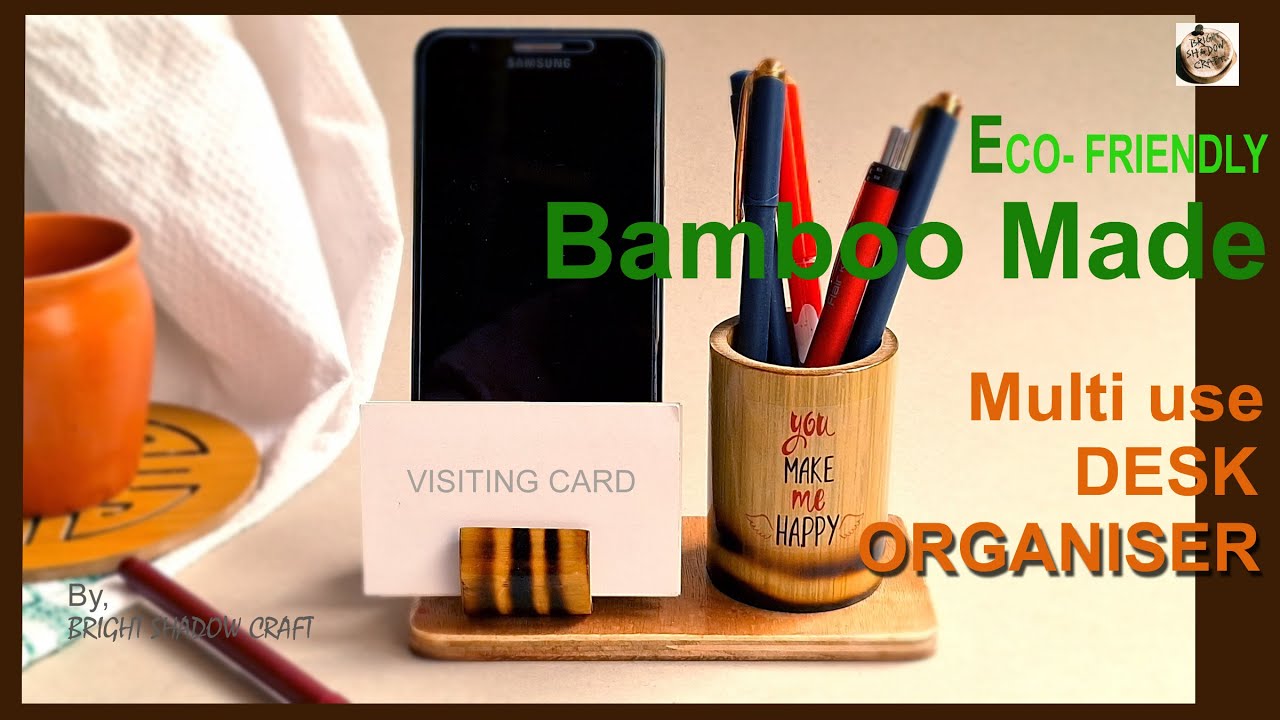 Pen, Mobile & Visiting Card Holder || Eco-Friendly Bamboo Multi-Use Desk Organizer ||