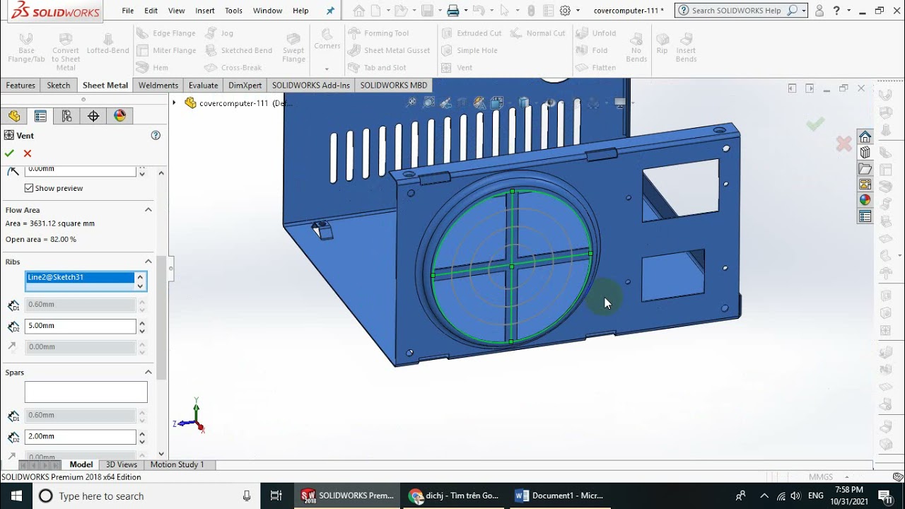 Solidworks Sheetmetal - Bài 6. Lệnh Vent trong sheet metal của Solidworks