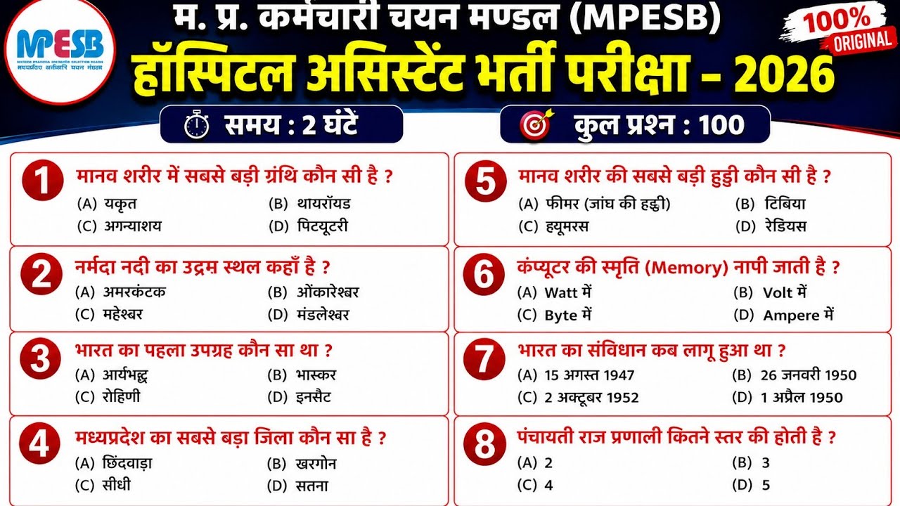 Mp Hospital Assistant Previous Year Questions || Mp Hospital Assistant 2026 Viral paper solution