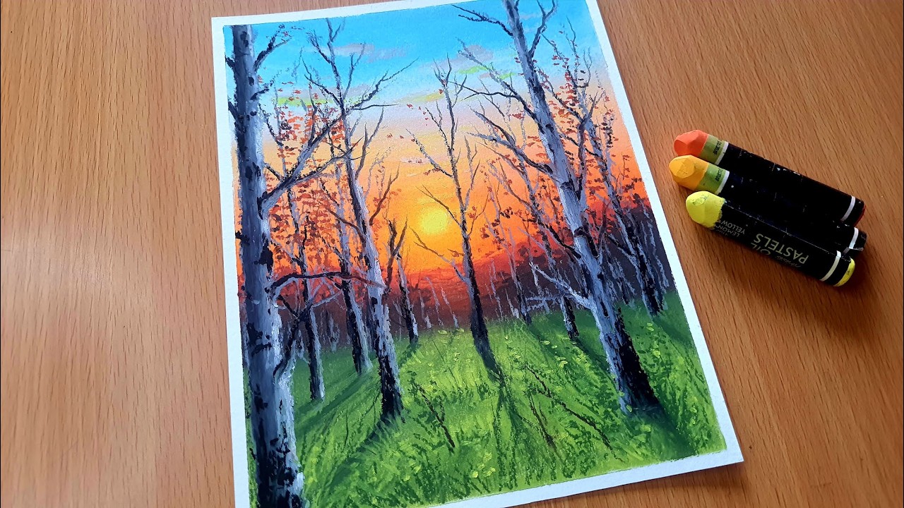 SUNSET IN THE WOODS / Nature Drawing with Oil Pastels / Step by Step Tutorial