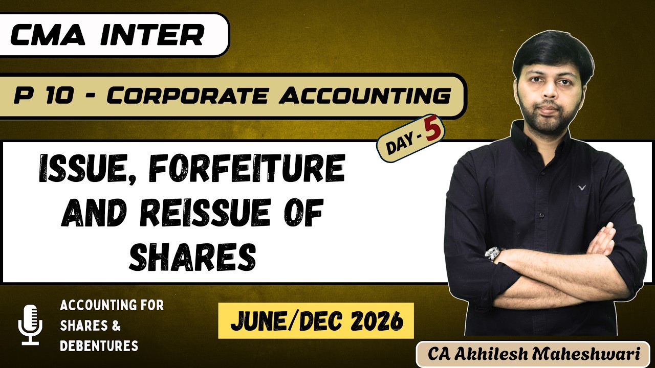 CMA Inter | Paper 10 - Corporate Accounting | Day 5 | Issue, Forfeiture and Reissue of Shares | Free
