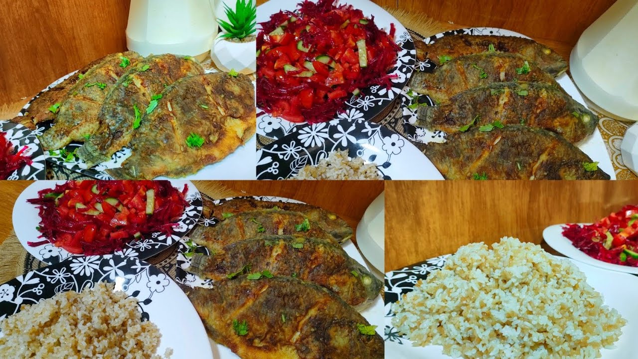 سمك بلطي بالليمون والكركم و سلطة طماطم بالبنجر مع رز حباية وحباية