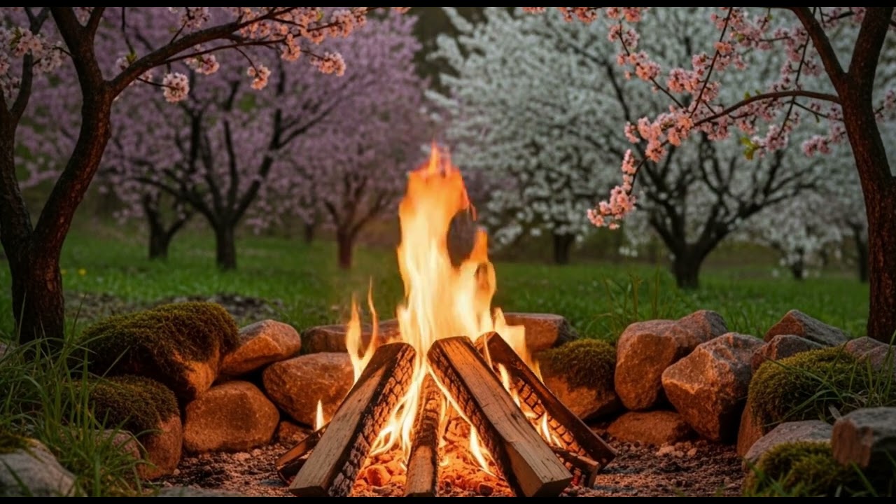 Cherry Blossom Garden Bonfire 🌸🔥 4K Spring Fire Ambience with Natural Crackling Sounds (1 Hour)