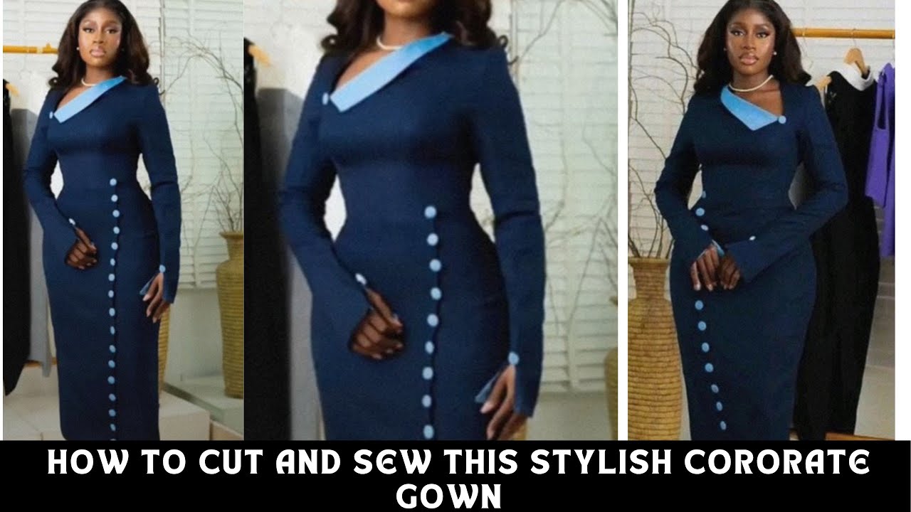 HOW TO CUT AND SEW A CORPORATE DRESS WITH SLANTED ASYMMETRIC CAPE NECKLINE AND SLITTED LONG SLEEVES