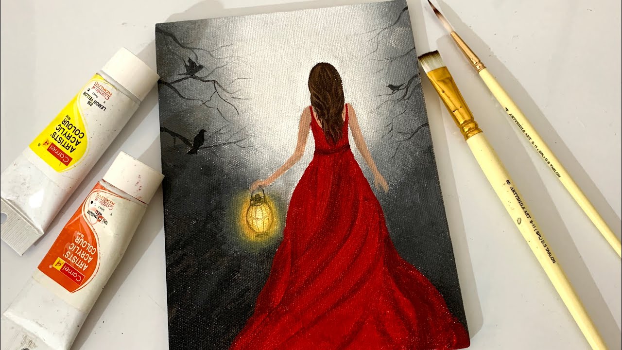 Lady in Red Dress Acrylic Painting | How to Paint Lady in Red | Step by Step Painting Black & White