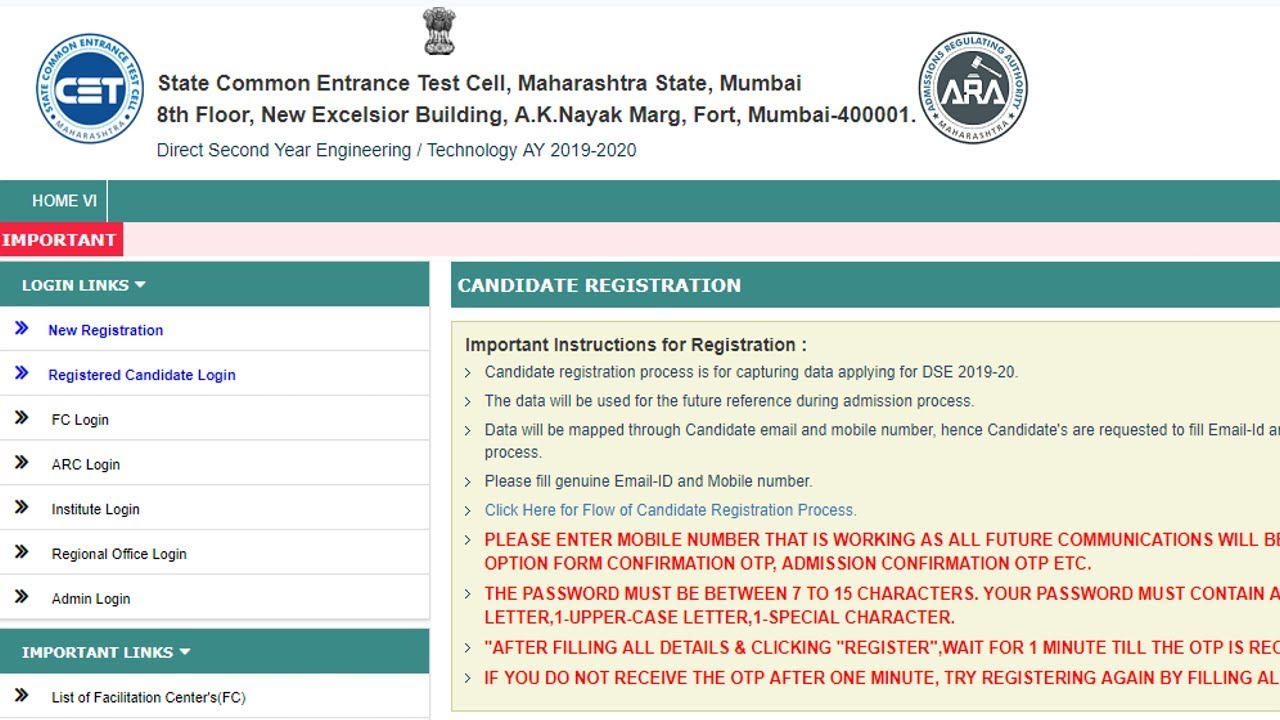 Registration for Direct Second Year Engineering Admission B.e/B.tech 2019-20 Part -1 in Hindi