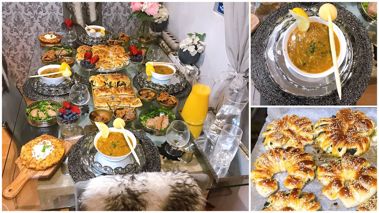 مائدة فطور رمضانية متنوعة بوصفات بسيطة تحضير الحريرة المغربية و فطائربحشوات مختلفة رائعة تستحق تجربة