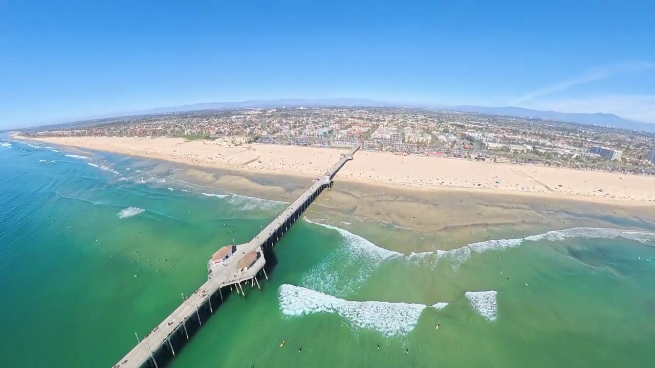 Huntington Beach RV Campground, Beach, Pier, and Main Street Aerial Drone Flight