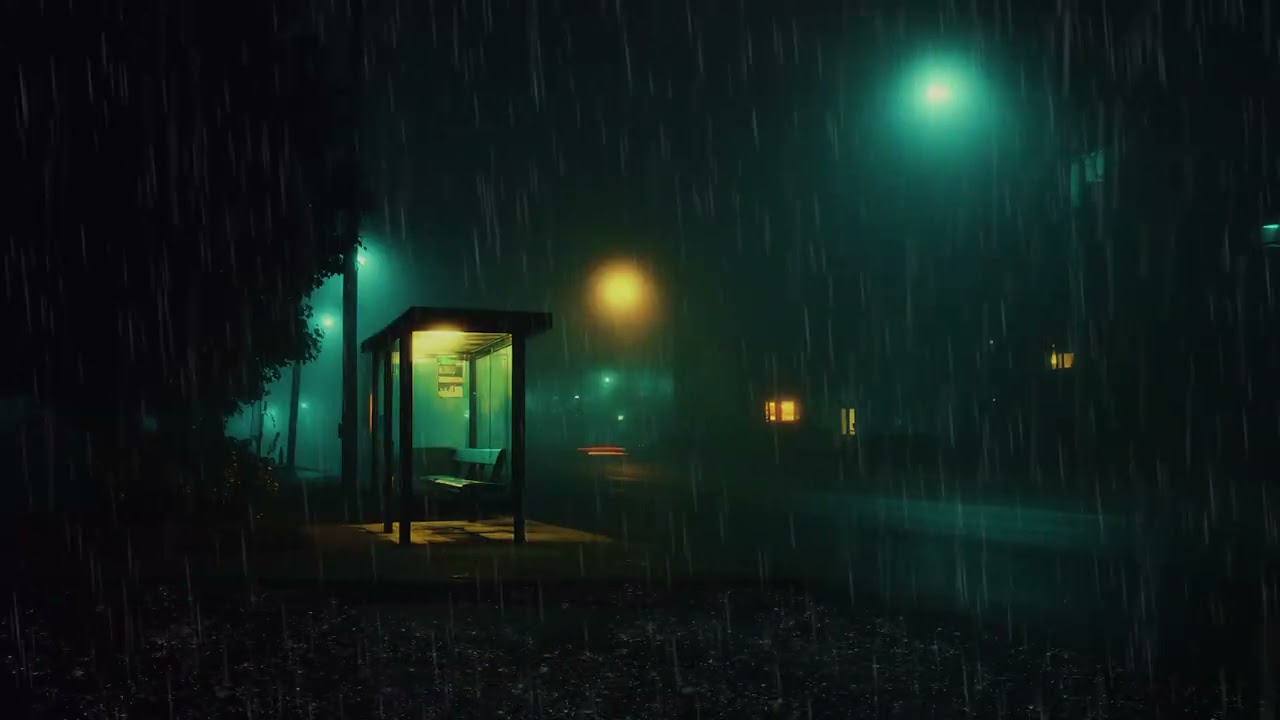 Heavy Rain at a Dark Bus Station 🌧️ Midnight Loneliness for Calm & Rest