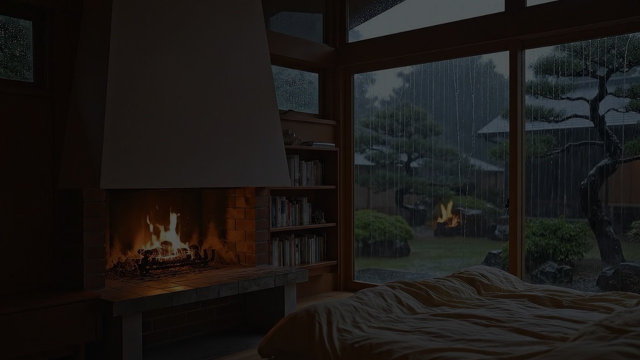 🔴 LIVE (NO ADS) Heavy Rain & Gentle Piano for Sleep | Cozy Fireplace Bedroom ASMR Rainstorm