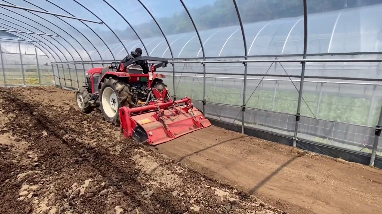 ロータリー耕耘、ハウスを綺麗にトラクターで耕耘作業。　＃トラクター、＃施設園芸、＃耕耘、＃整地、＃太陽熱養生処理、＃ほうれんそう