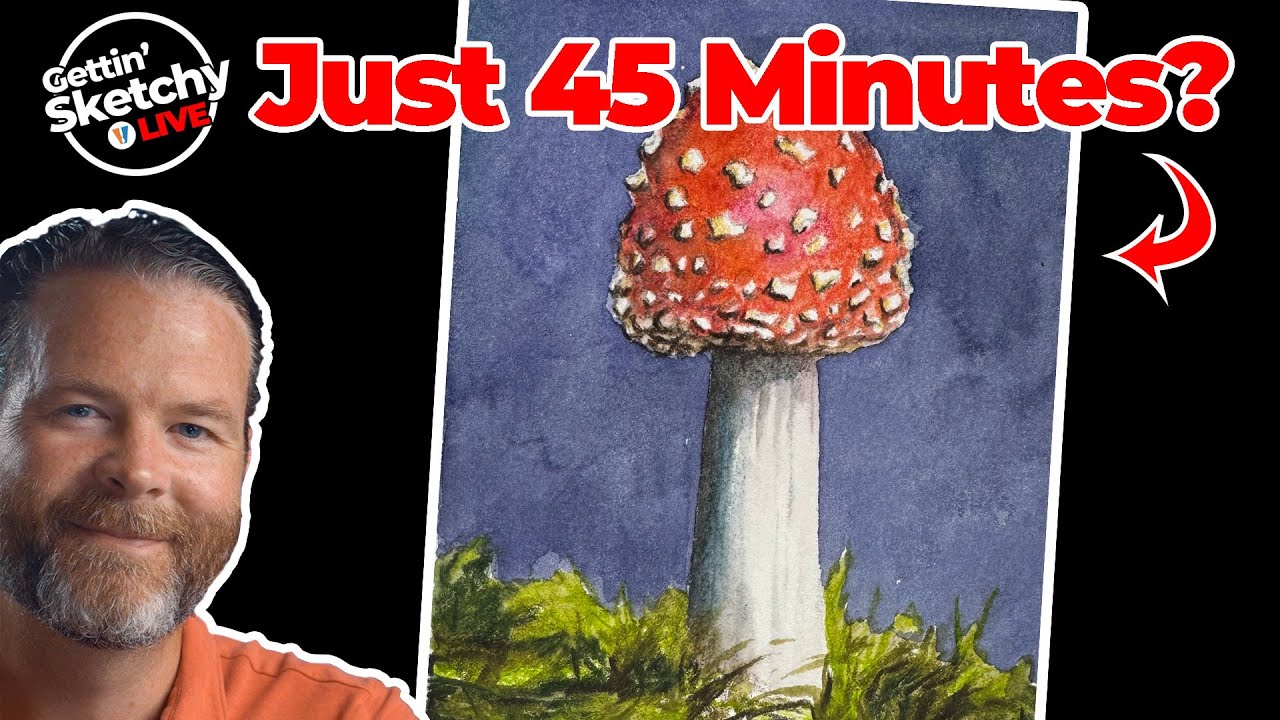 Can I Draw a Mushroom with Watercolor Pencils LIVE in 45 Minutes? - Gettin' Sketchy