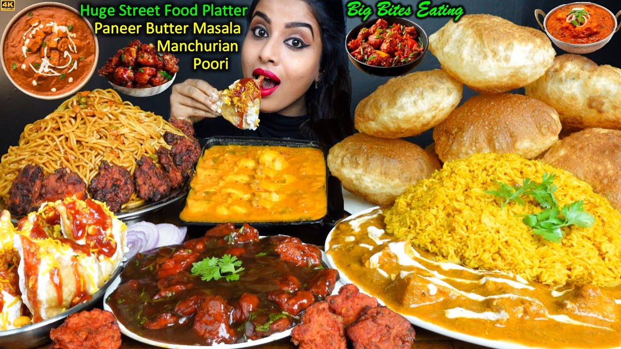 Eating Spicy Samosa,Poori,Chowmein,Paneer Butter Masala,Pulao Indian Street Food ASMR Eating Video