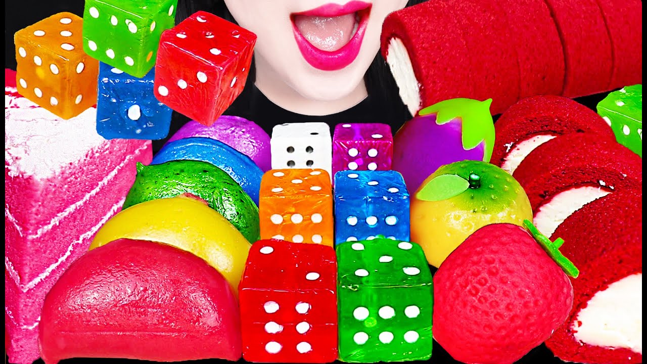 ASMR Rainbow Rice Cake, Cream Roll, Dice Candy 레드벨벳 케이크 무지개 떡 먹방 Eating