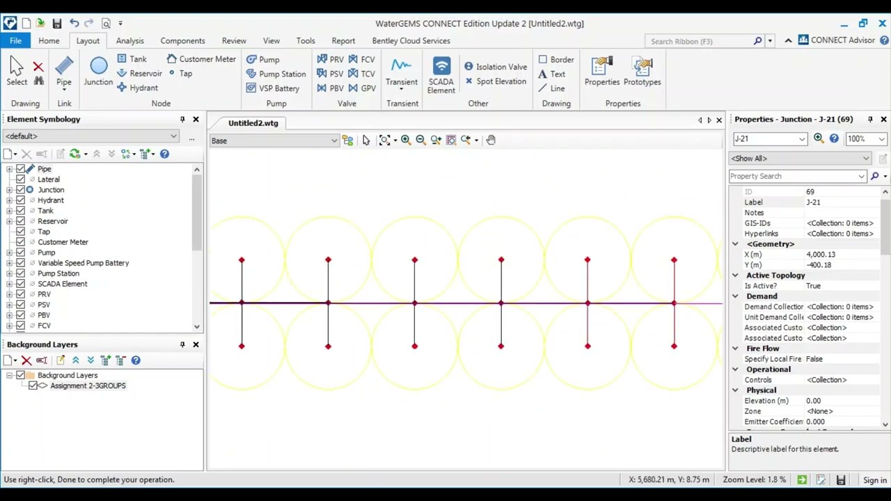 Design the main pipe line for 24 center pivots using WaterGEMS
