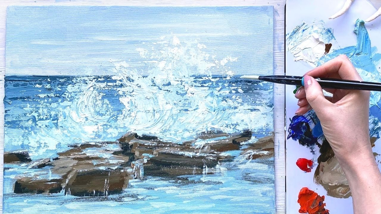 Урок рисования океана акриловыми красками, шаг за шагом. Пляж