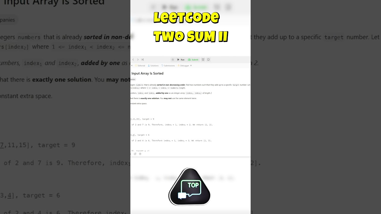 Задача со списка Leetcode - Топ 150 Интервью. Two Sum II. Лучшее решение, разбор на канале #shorts