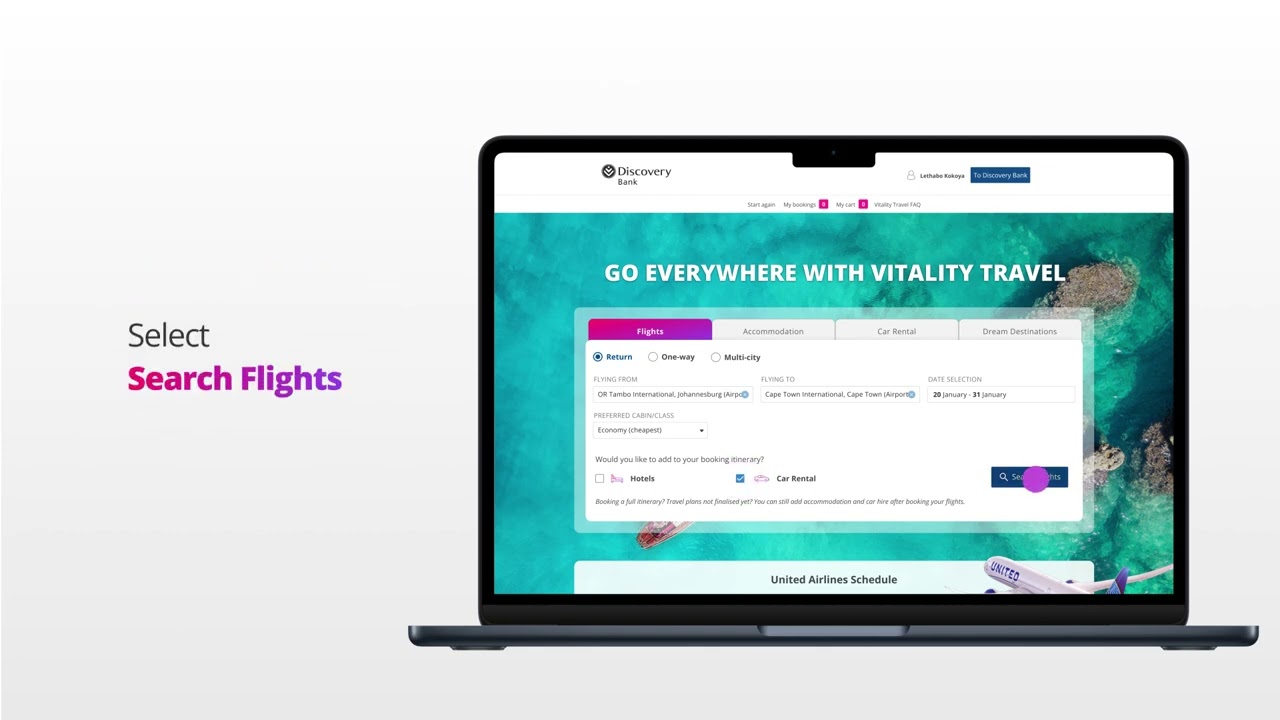 Booking a trip on the Vitality Travel platform