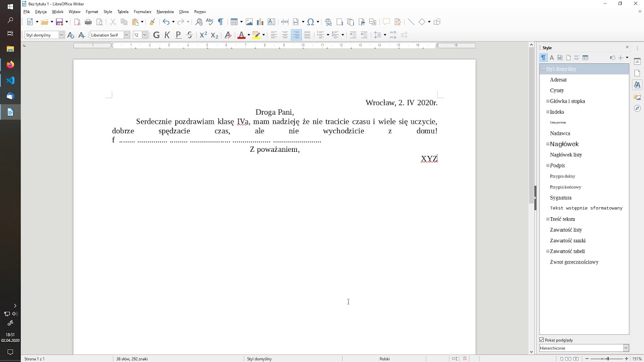 Pisanie listu w programie Libre Office Writer