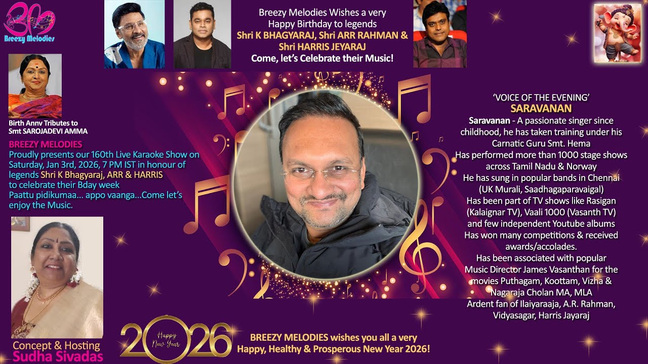 BREEZY MELODIES Presents 160th Live karaoke Show on Sat, Jan 3rd, 2026, 7 PM IST #arrahman #harris