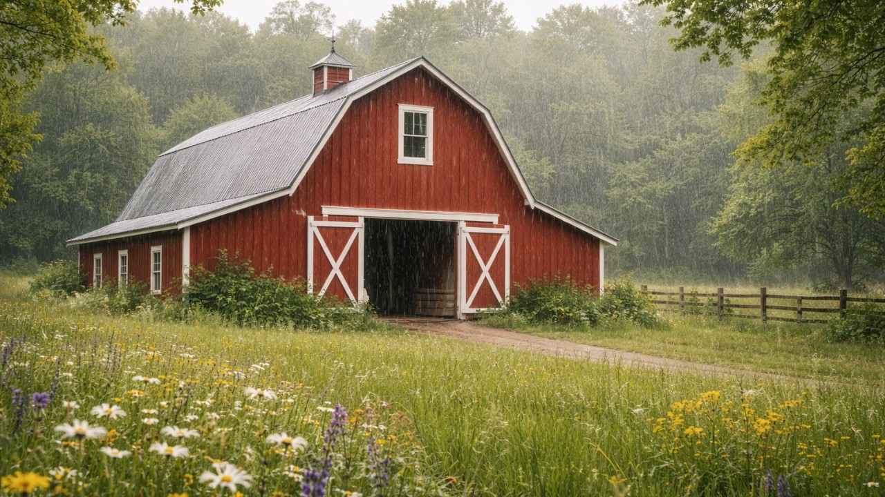 Red Barn Spring Meadow Rain on Tin Roof | Birds Singing Country Ambience 3 Hours