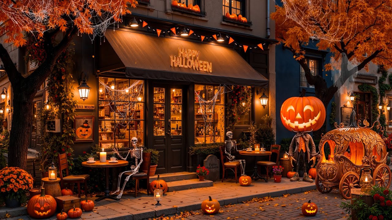 Scary Coffee Shop Street Halloween Ambience 🎃 Relaxing Halloween Jazz Music for Working, Studying