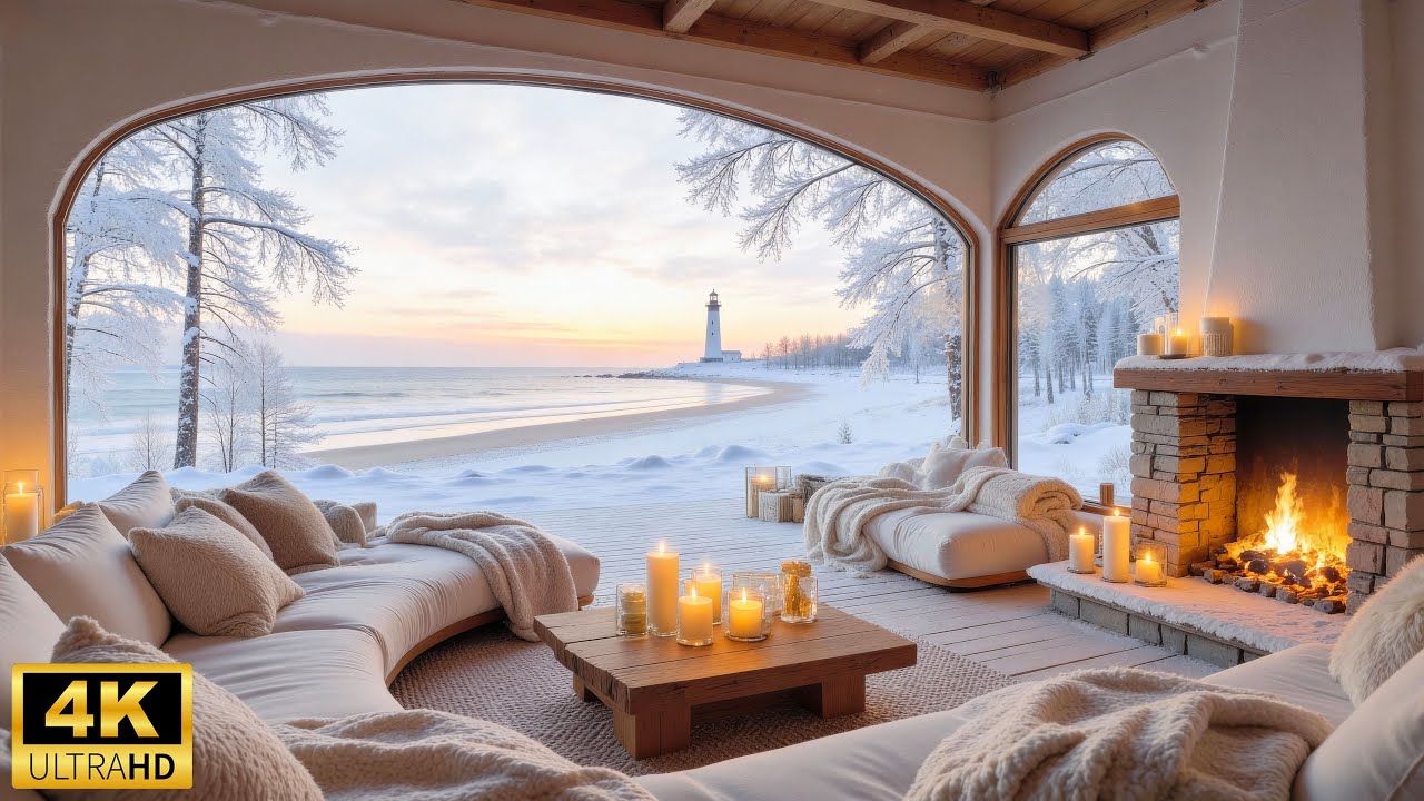 Peaceful Winter Beach Ambience ❄ Relaxing Piano Music with Crackling Fireplace & Ocean Waves