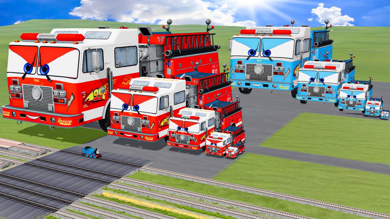 Big & Small Colors Fire Truck Lightning Mcqueen vs Train | BeamNG.Drive