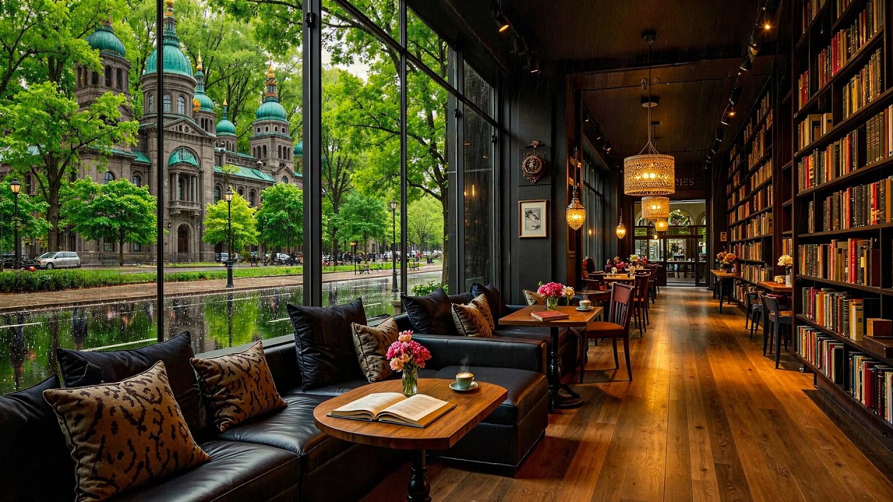 Smooth Jazz for Study, Relax, Reading & Deep Focus ☕ Cozy Rainy Library Café Ambience