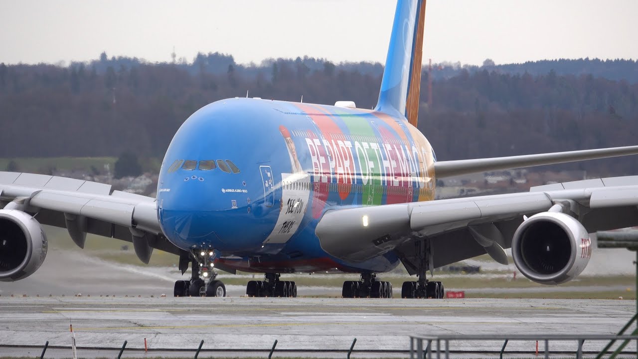 Emirates A380 Waterspray landing at Zurich Airport