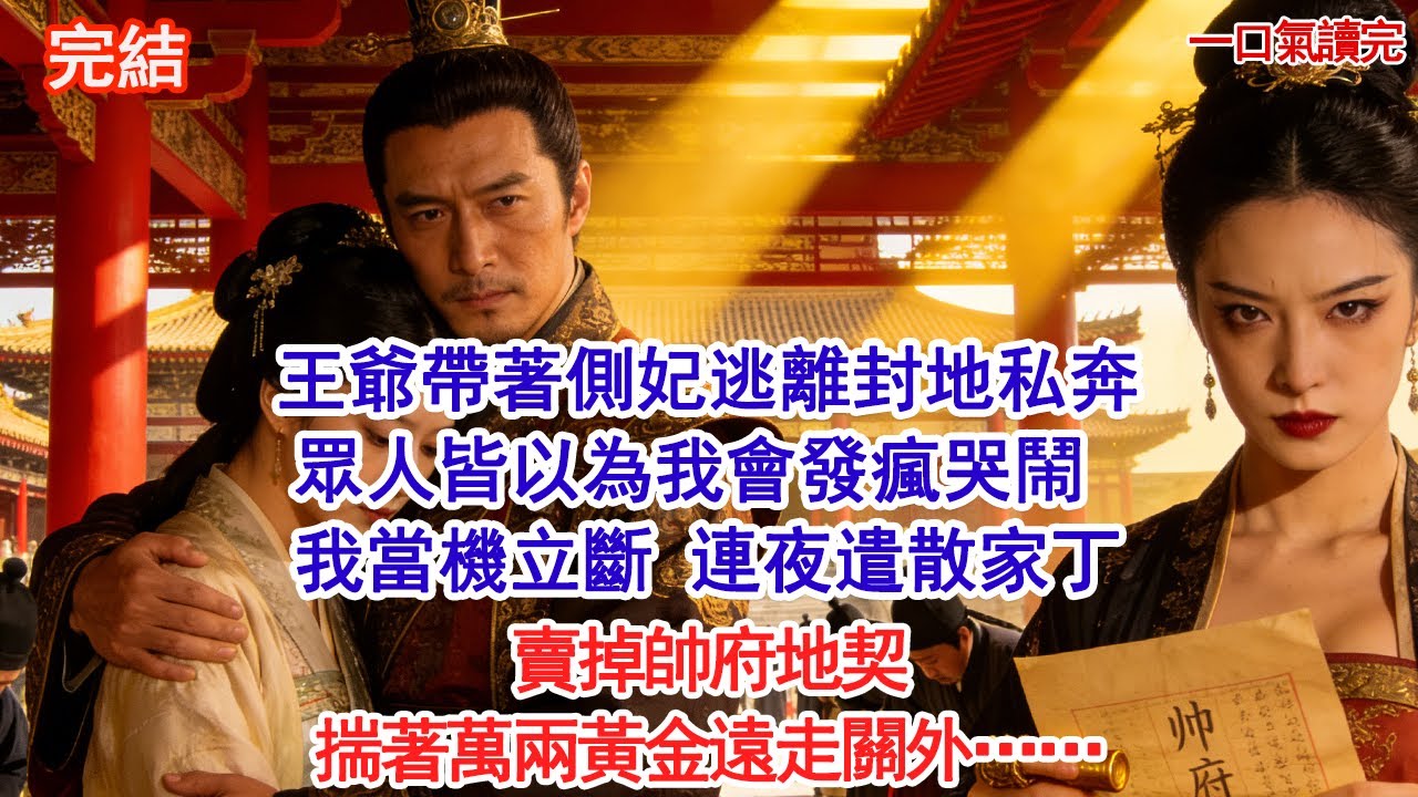 王爺帶著側妃逃離封地私奔，眾人皆以為我會發瘋哭鬧，我當機立斷，連夜遣散家丁、賣掉帥府地契，揣著萬兩黃金遠走關外……#古風#追妻火葬場#愛情#小說