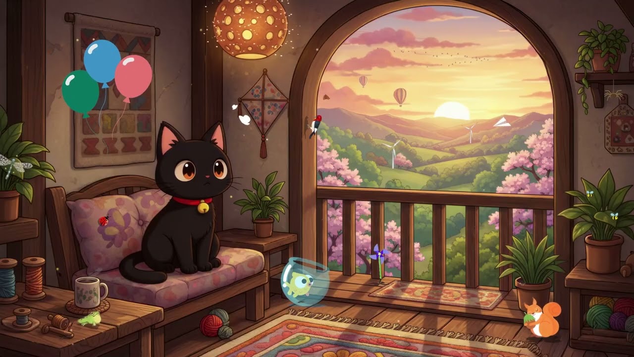 Milo the Cat's Cozy Balcony 🌸 Peaceful Lofi Music 😴 Dreamy Sunset Chill