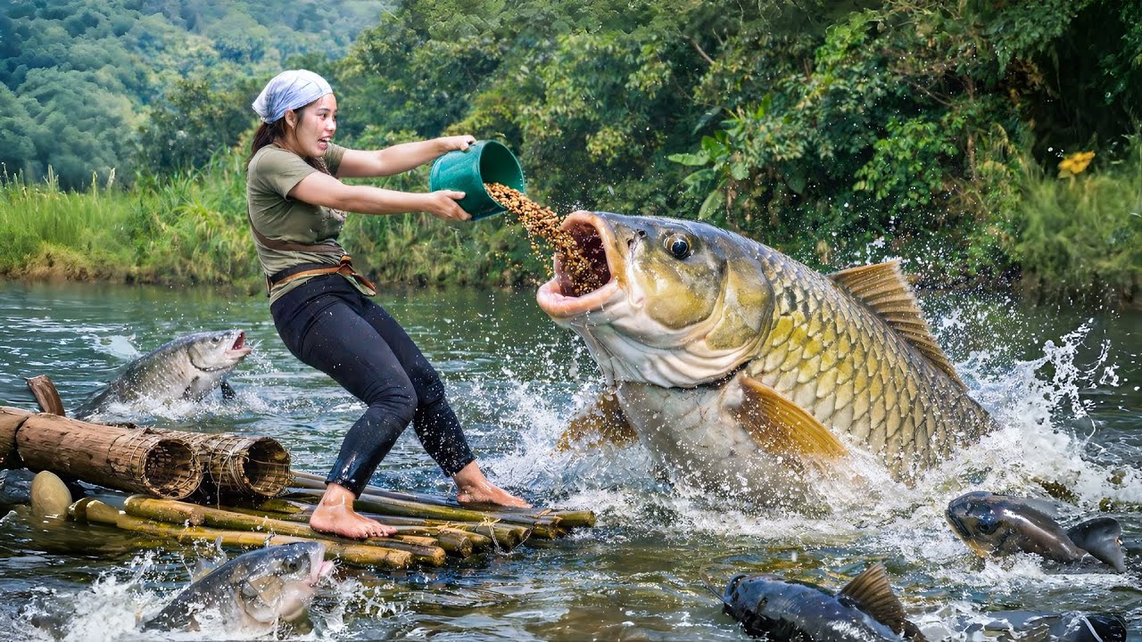Using a Raft to Set Bamboo Basket Traps and Catch a Giant School of Fish | Selling at the Market