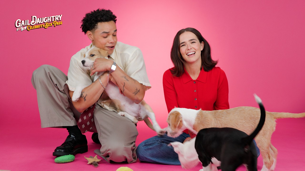 Zoey Deutch and Miles Gutierrez-Riley Play With Puppies