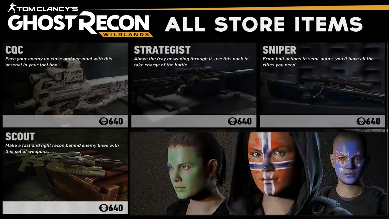 Ghost Recon Wildlands - All Store Items (Weapons/Vehicle/Outfits/Attachment Packs)