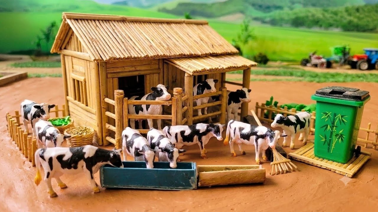 diy Miniture cow farm | Building a Bamboo Cow Shed | Tiny Retro Farm | cow sound video | 