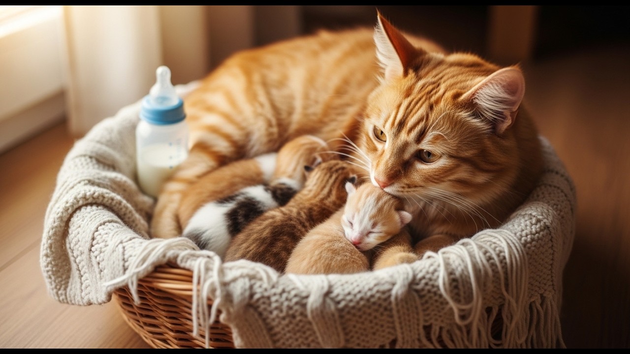 Mother Cat Feeding Her Four Newborn Kittens 🐱🍼 | Too Cute to Miss!” 😍🐾
