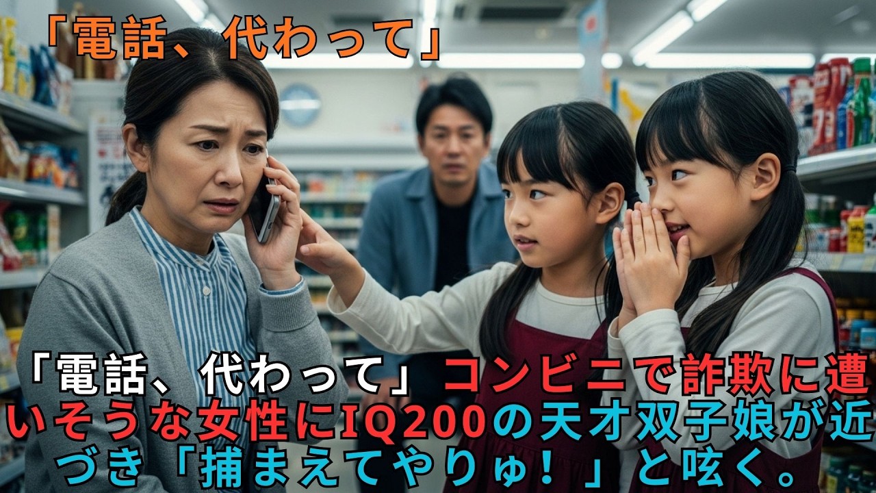 「電話、代わって」コンビニで詐欺に遭いそうな女性にIQ200の天才双子娘が近づき「捕まえてやりゅ！」と呟く。この出会いが俺たちの運命を変えるとはこの時は思いもしなかった… #老後の物語 #家族の物語