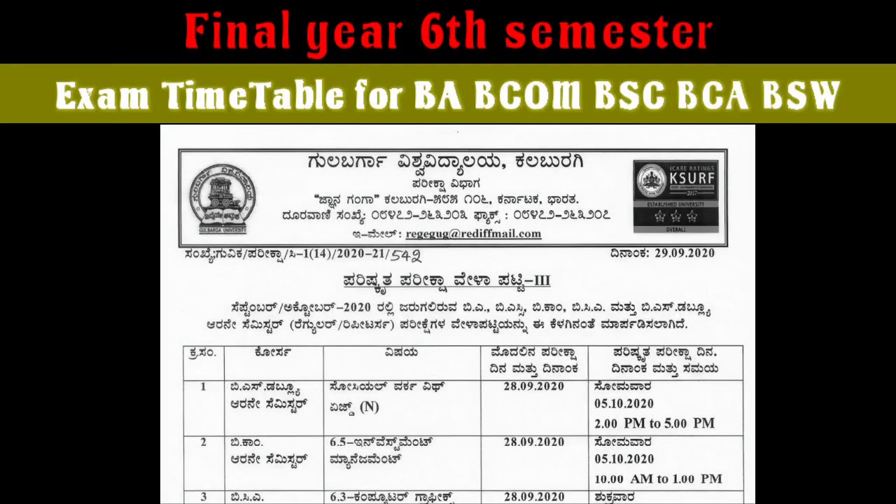 Exam timetable for BA BCOM BSC BCA BSW 29-09-2020 gulbarga university NON CBCS question paper KTK
