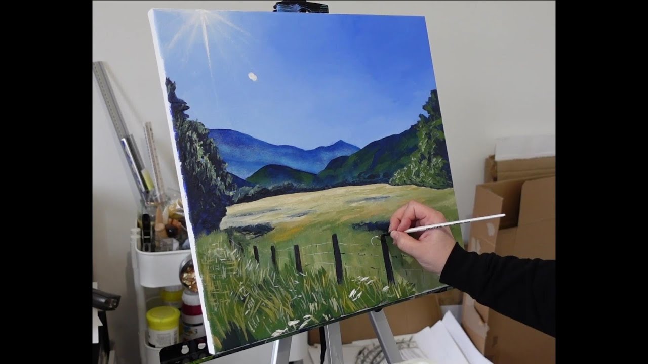 Acrylic Landscape Painting demo | Painting Time-lapse | Meadow and Mountains