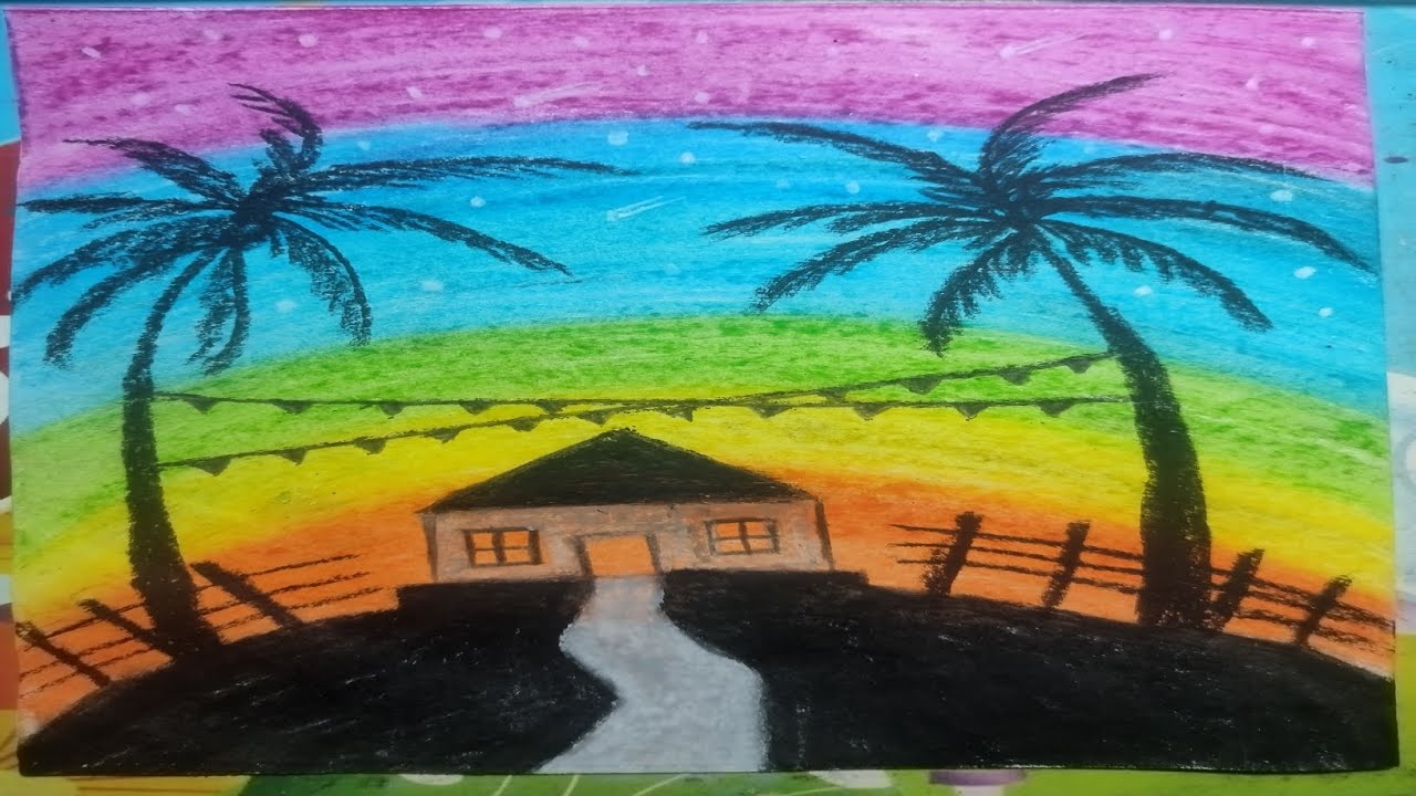 Oil pastel drawing scenery | Scenery drawing with oil pastel colour 