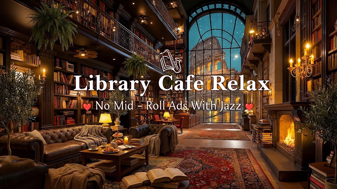 Library Cafe Ambience on Snowy Night☕Relaxing Jazz Music & Fireplace Ambience for Calm Mind, Reading