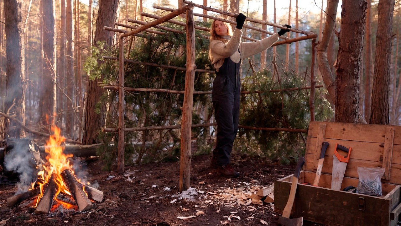 Girl Alone in the Wild | Building a Primitive Shelter